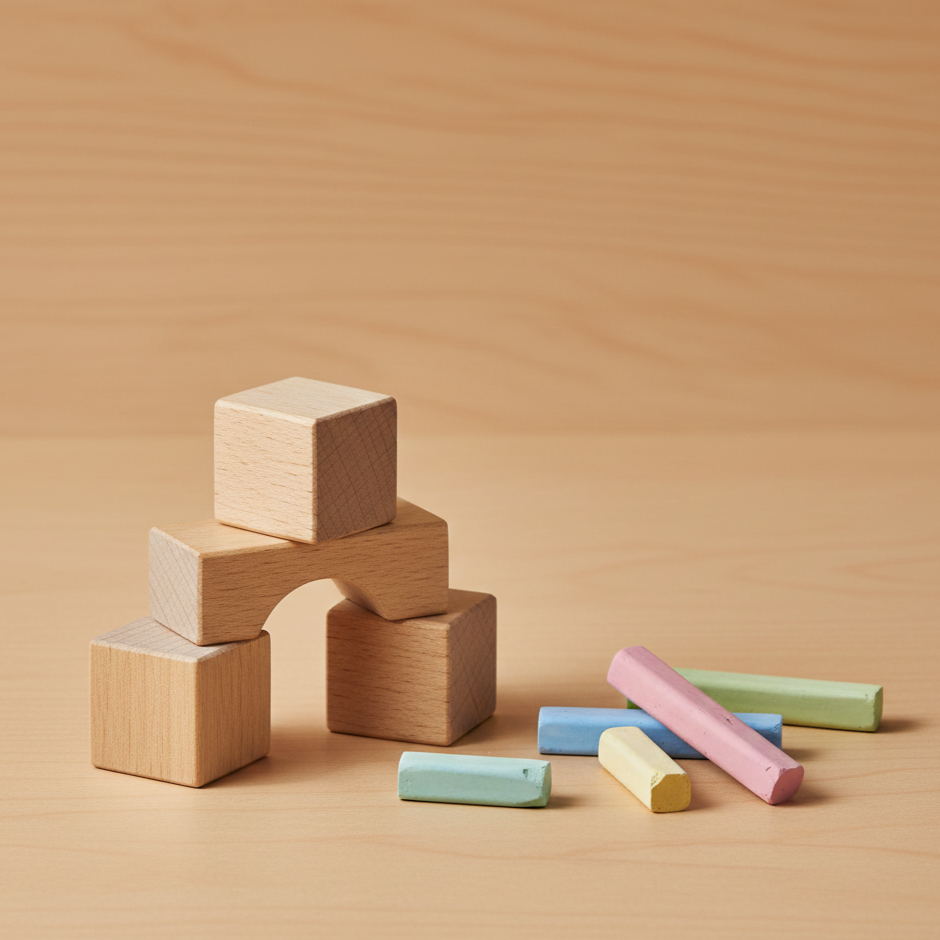 Fire træblokke stablet i en trekantende struktur med farvede kridtlinjer liggende foran på en træoverflade.