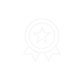 A white icon of a star inside a ribbon award badge on a transparent background.