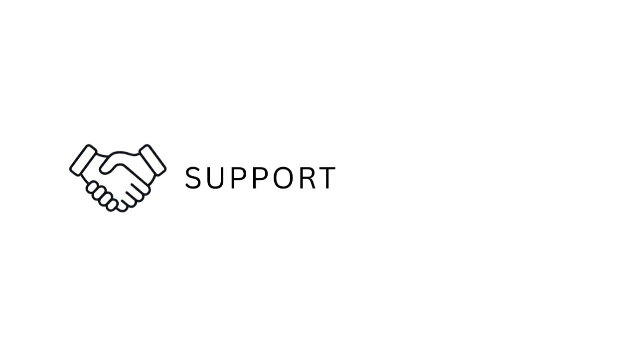 A graphic on a transparent background featuring an icon of a handshake and the text "Support" next to it.