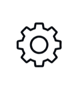 Outline of a gear or cogwheel icon on a black background.