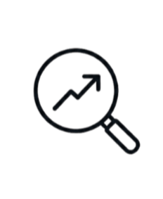 Magnifying glass with an upward trending arrow inside, symbolizing growth or analysis.