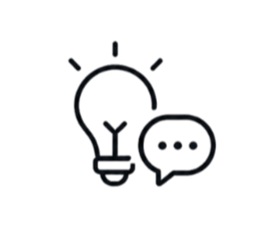 A glowing lightbulb icon beside a speech bubble icon, representing ideas and communication.