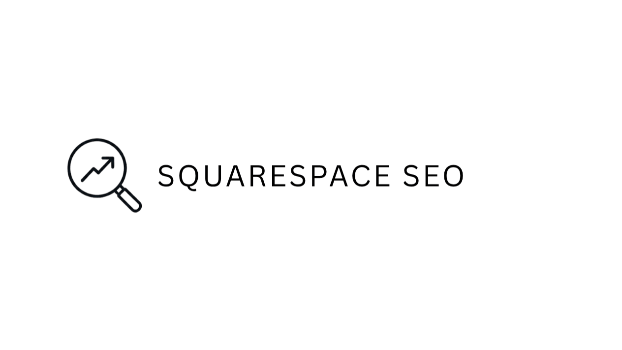 A graphic on a transparent background featuring an icon of a magnifying glass with a trending arrow and the text "Squarespace SEO" next to it.