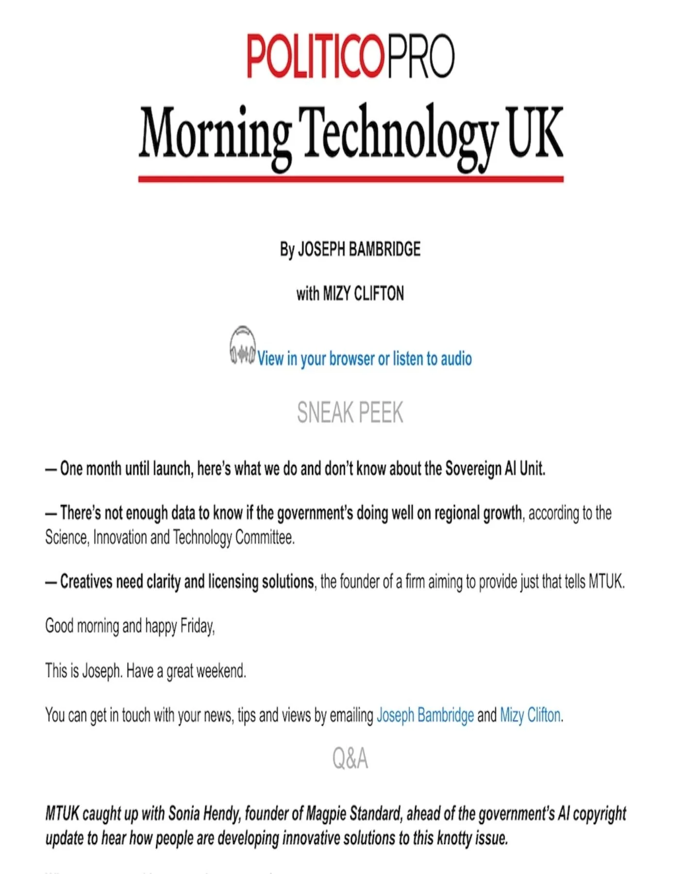Absolutely delighted to have been featured in @politico Morning Technology UK newsletter today talking about AI, copyright policy, and the creative industries... 

#ailicensing #creativeindustries #magpiestandard