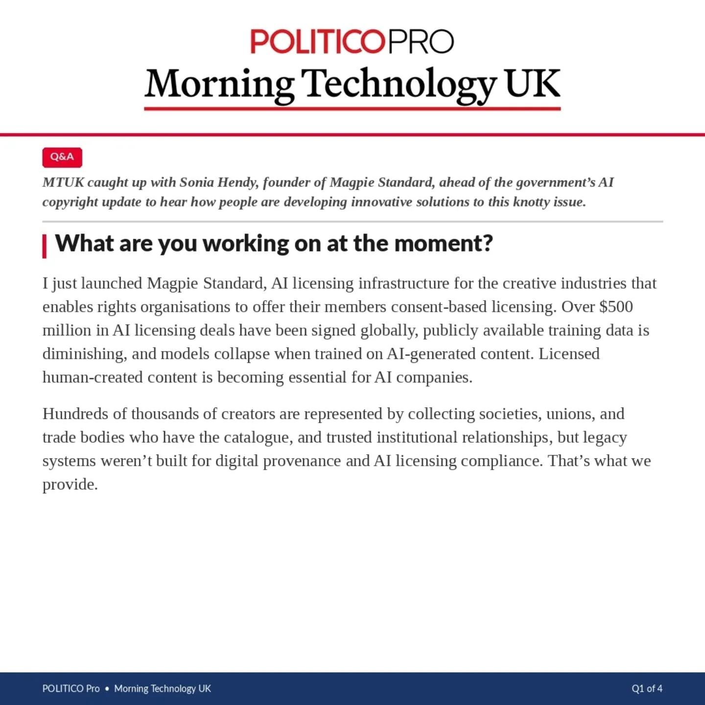 Part one of the Politico Q&amp;A... 

It's not a question of whether your creative work has been used to train AI - it's whether you want to do something about it... 

#magpiestandard #ailicensing #dontstealthisbook