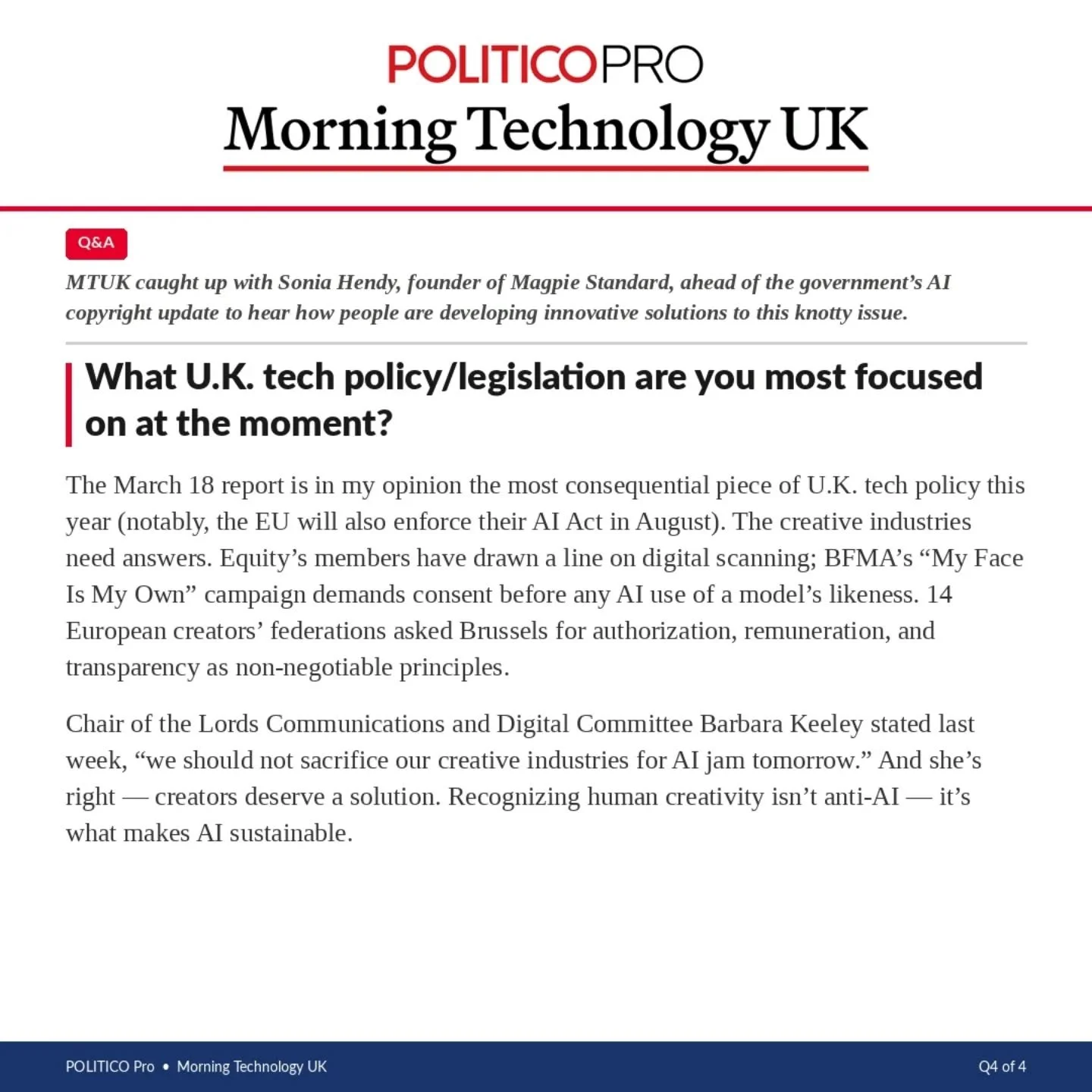 @politico interview Q4 

The @dcmsgovuk @scitechgovuk consultation outcome hits on Wednesday 18th - let's hope that the HoL and the European Parliament's Voss Resolution mean we have good news for the UK's Creative Industries... 

We've built the inf