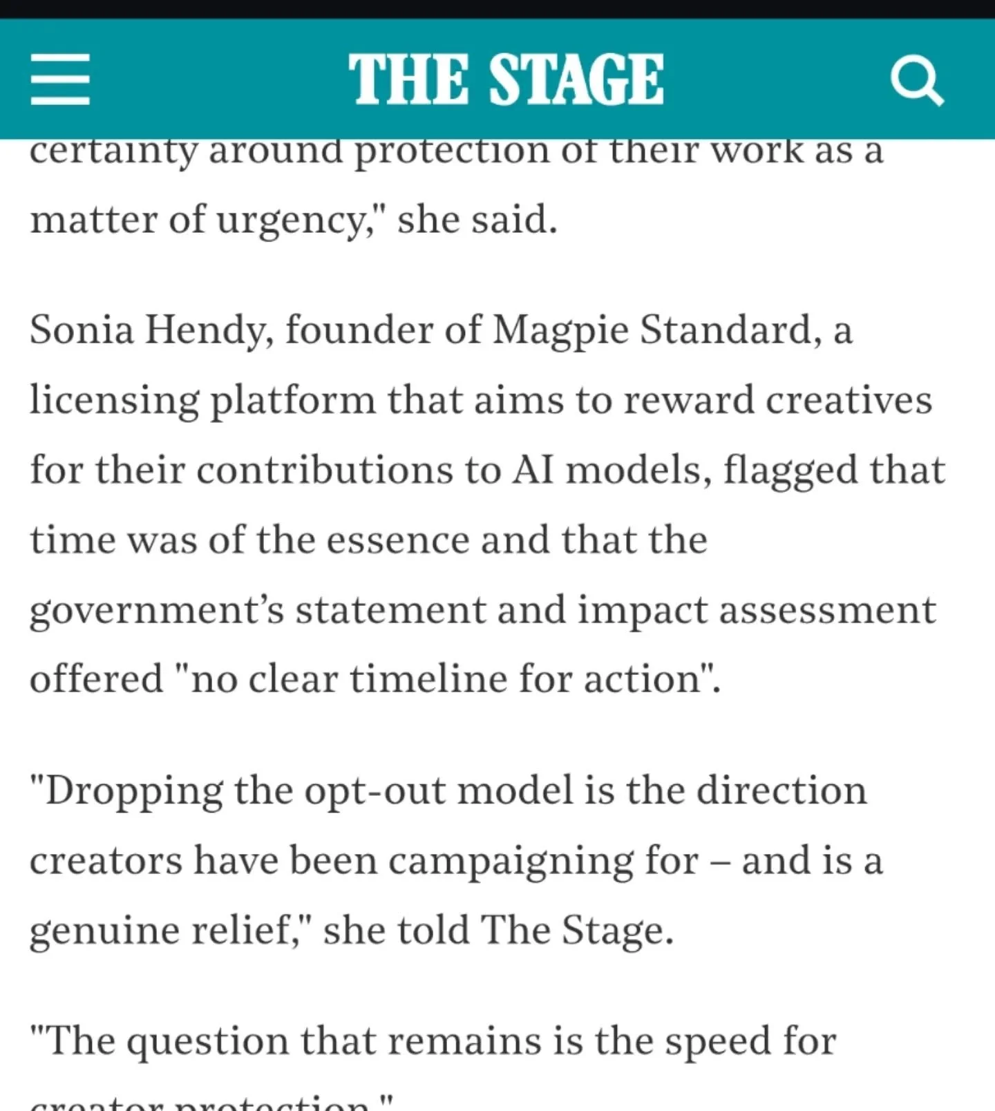 Delighted to have been among the many voices reacting to the AI and Copyright announcement for an article in @thestageuk 

It's time to take action - how much longer can creators wait? 

#ai #copyright #StopAIStealingTheShow 

https://www.thestage.co