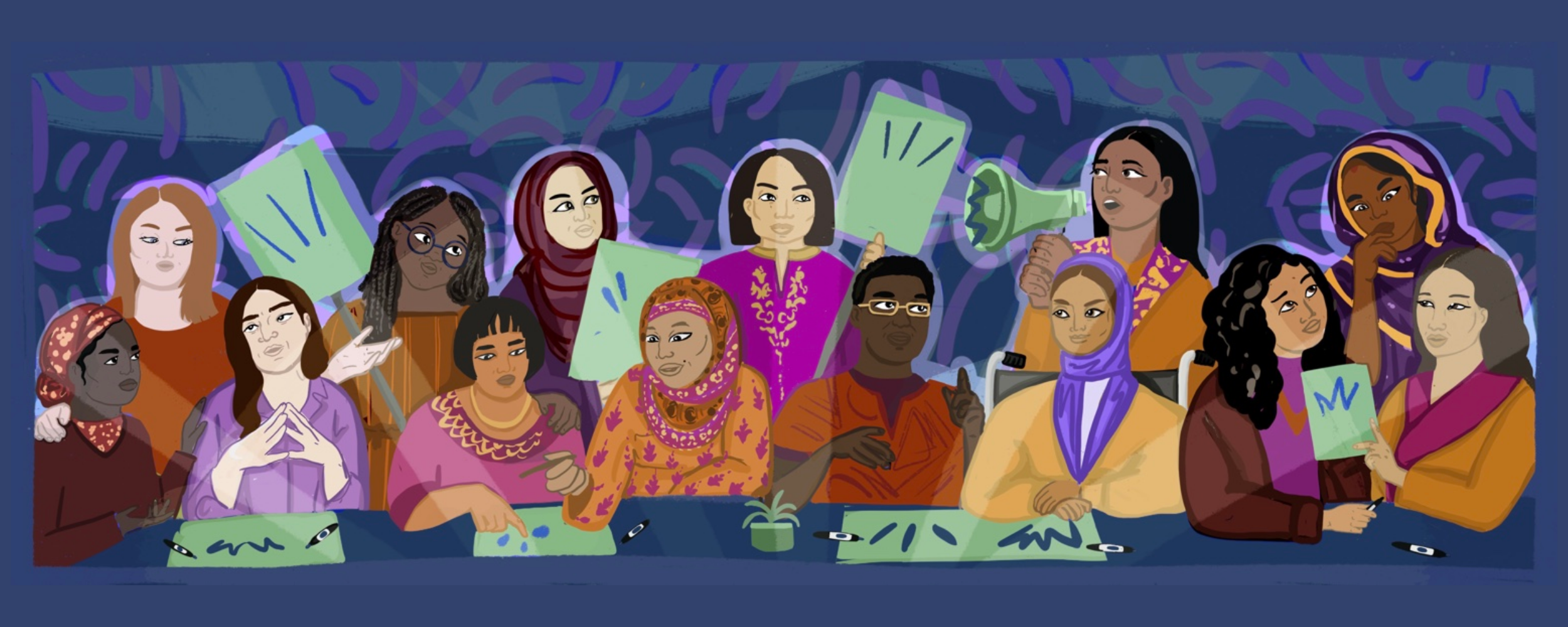 Illustration of a diverse group of women participating in a meeting or workshop, with some holding signs and others engaging in discussion, set against a dark abstract background.