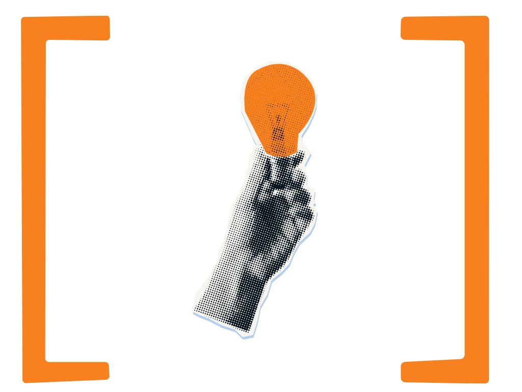 A hand holding an orange light bulb, with an orange border framing the image.