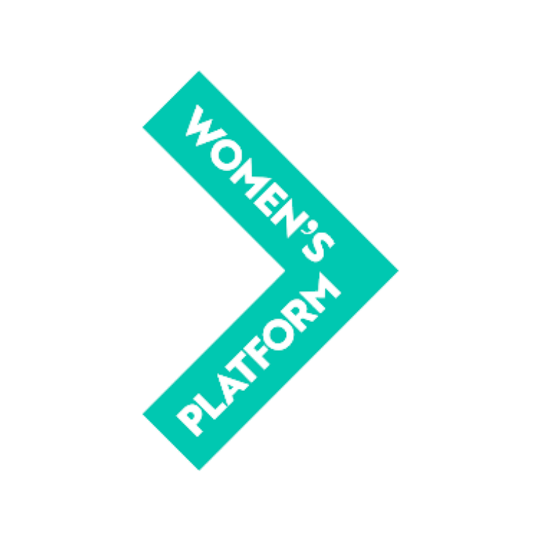 A logo with a stylized shape containing the text 'Women's Platform' in a blue zigzag banner.