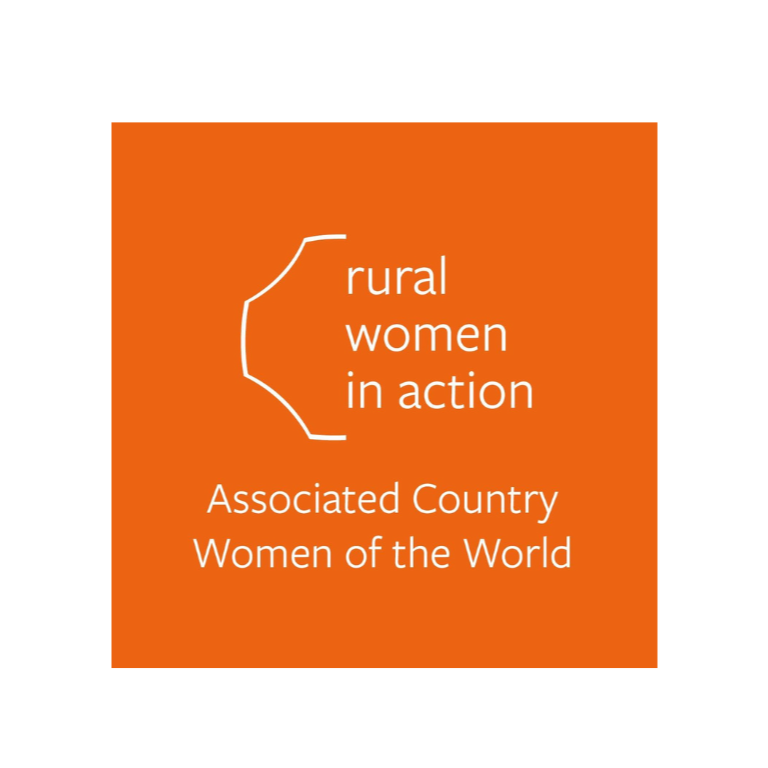 Orange background with white text that says 'rural women in action' and 'Associated Country Women of the World', featuring an outline of a map or shape.
