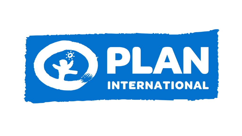 Logo of Plan International with a child drawing, featuring a blue background and black text.