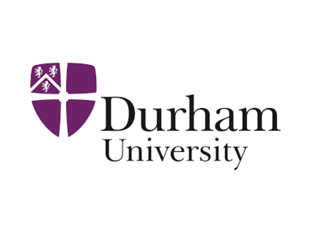 Durham University logo with a purple shield featuring a white lion and a cross, accompanied by the text "Durham University".