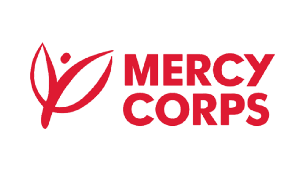 Red logo with a stylized human figure within a leaf shape and the words "Mercy Corps" next to it.