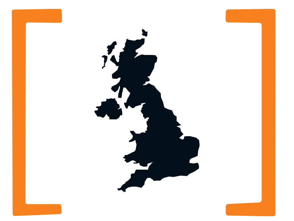 Silhouette map of the United Kingdom and Ireland surrounded by orange brackets.