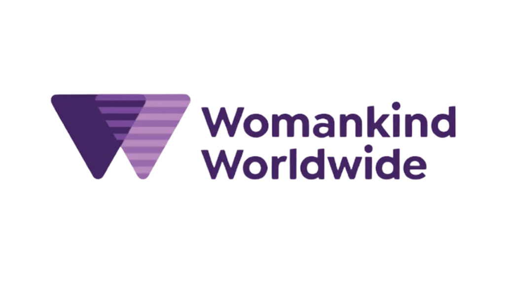 Logo of Womankind Worldwide with a purple triangular emblem and the organization's name in purple text.