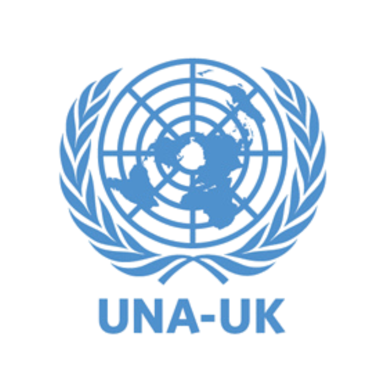 United Nations emblem with a world map encircled by olive branches and the text "UNA-UK" below.