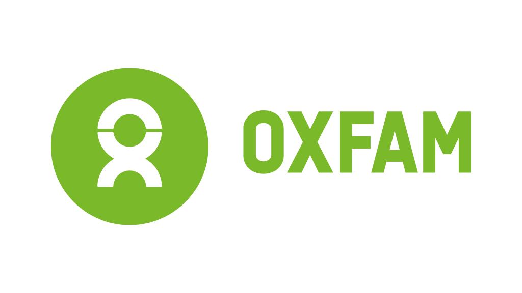 Oxfam logo with a green and black design, featuring a stylized human figure inside a circle and the word 'OXFAM' in bold green letters.