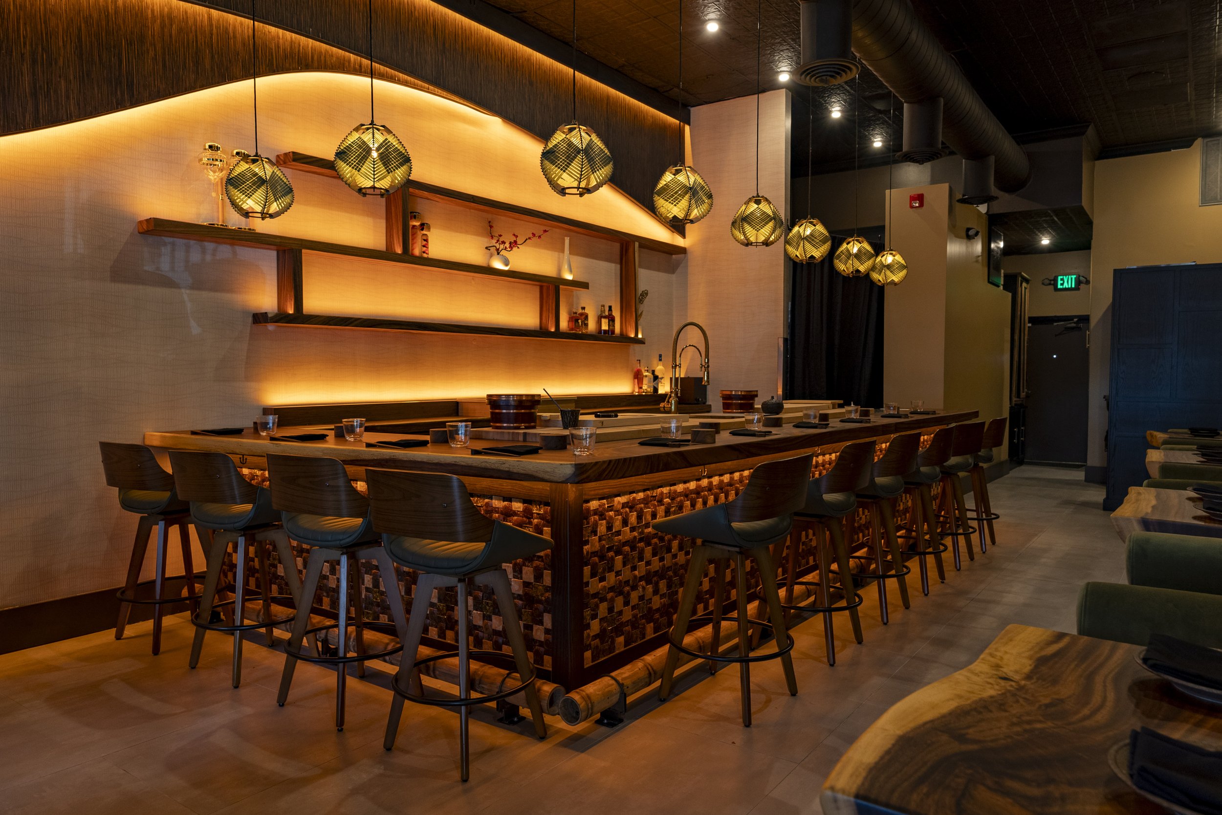 Interior of MINŌ Omakase showing the omakase counter and lounge, downtown Boca Raton FL