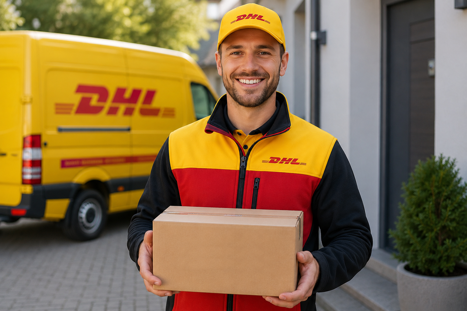 Lächelnder DHL-Bote in gelb-roter Uniform mit Kappe, hält Briebox. DHL-Lieferwagen im Hintergrund.