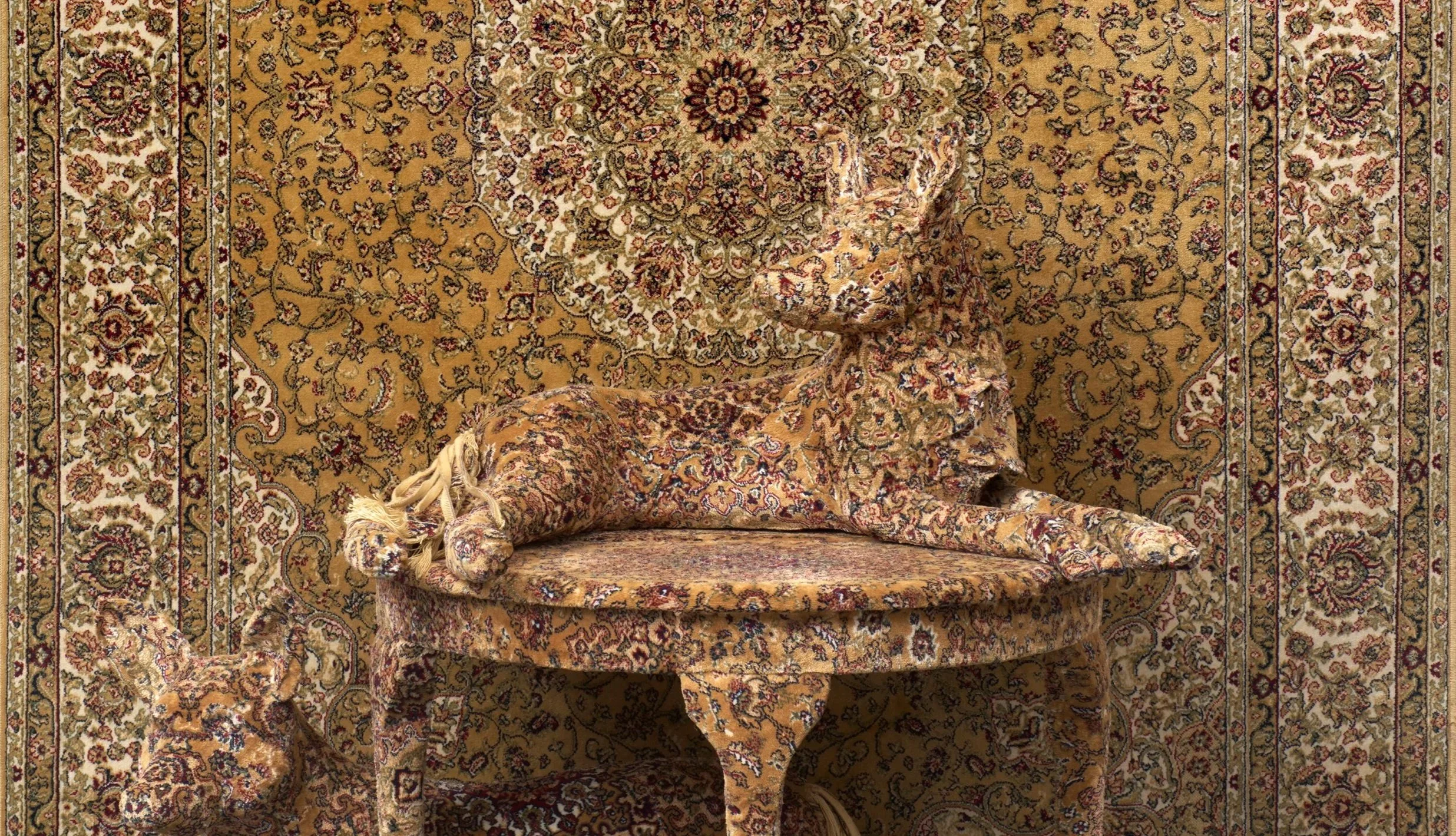 carpet covered dog on table top