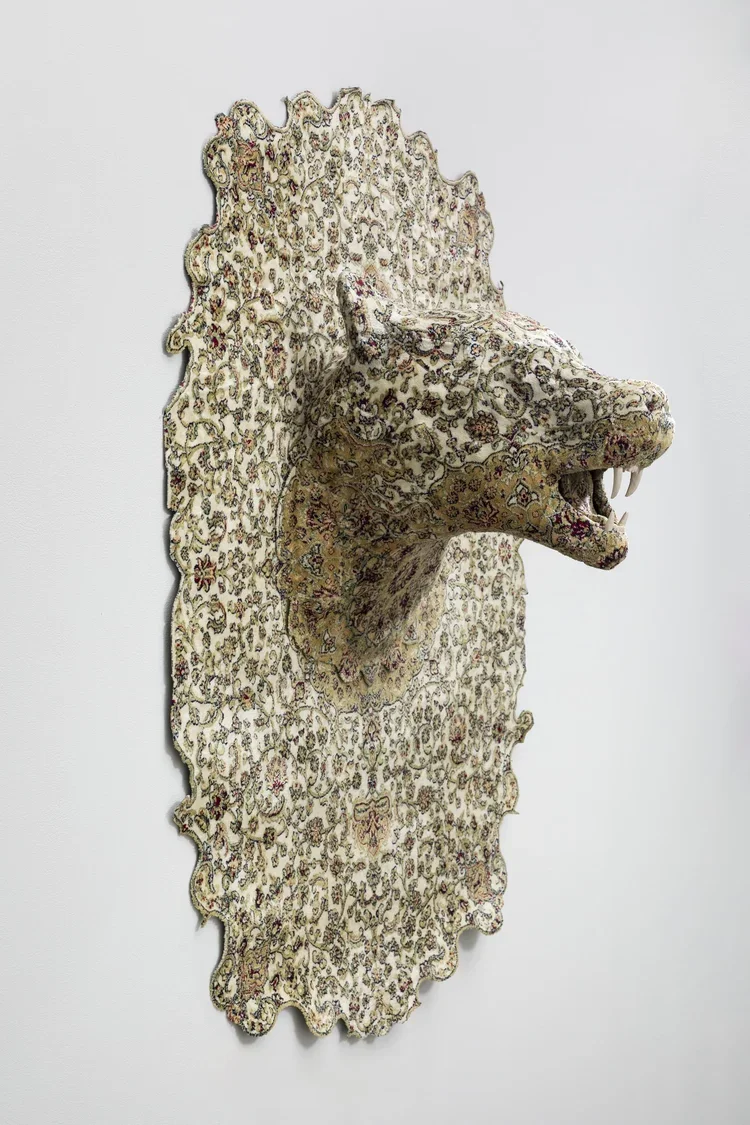  Bear Head Cartouche  144 x 96 x 50cm  Carpet, table and mixed media 2022  