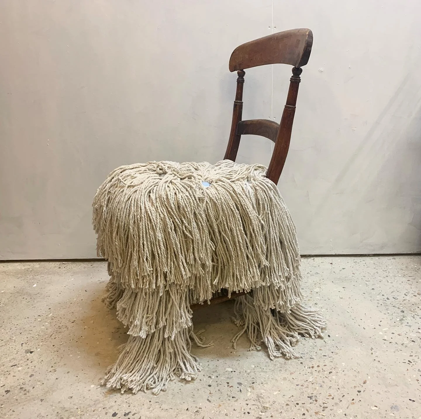  Hairy Chair, view 3  
85 x 42 x 50cm 
Found chair and mop heads 
2020