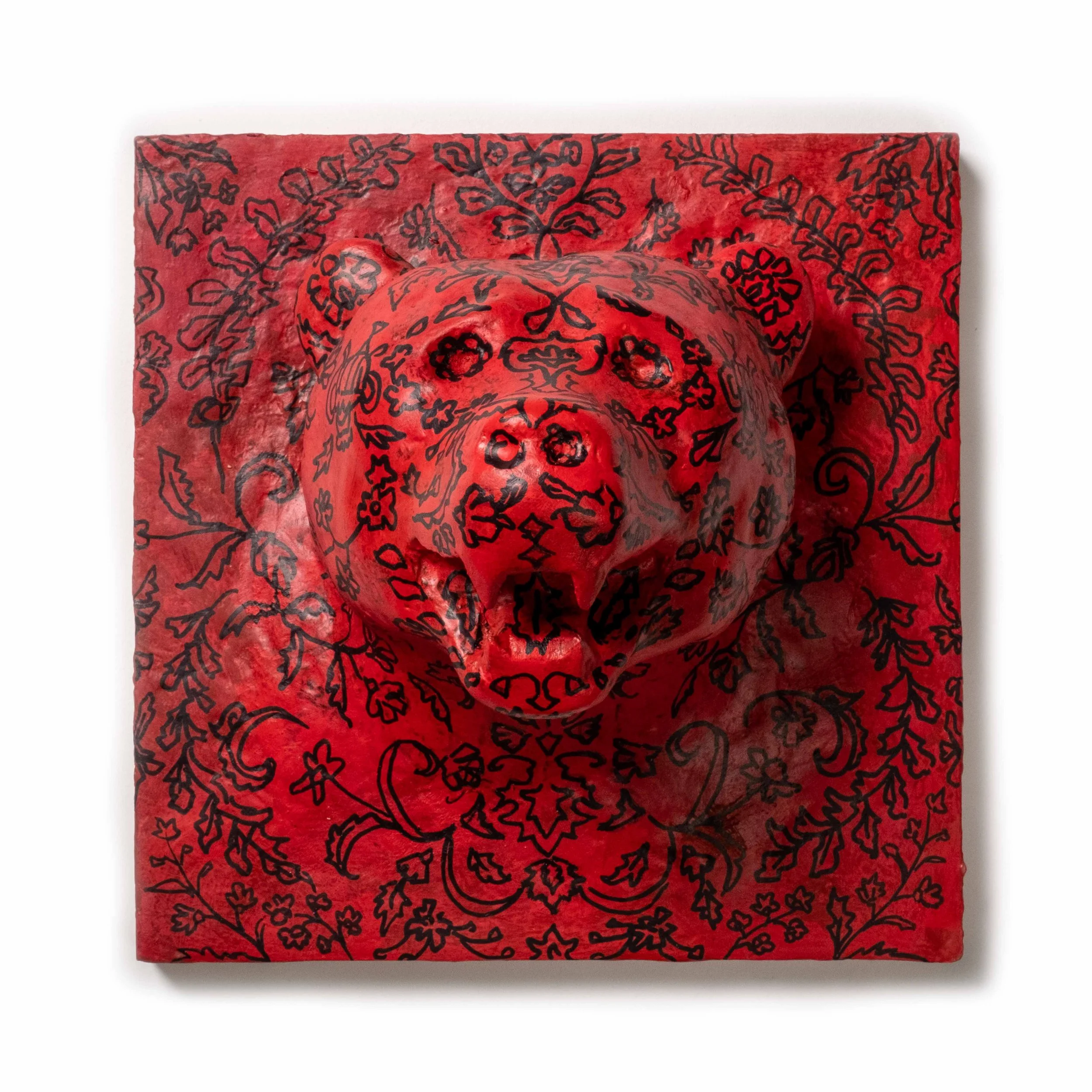  Little Red Bear, view 2  
20 x 20 x 15cm 
Jesmonite and acrylic on panel 
2023 (private collection)