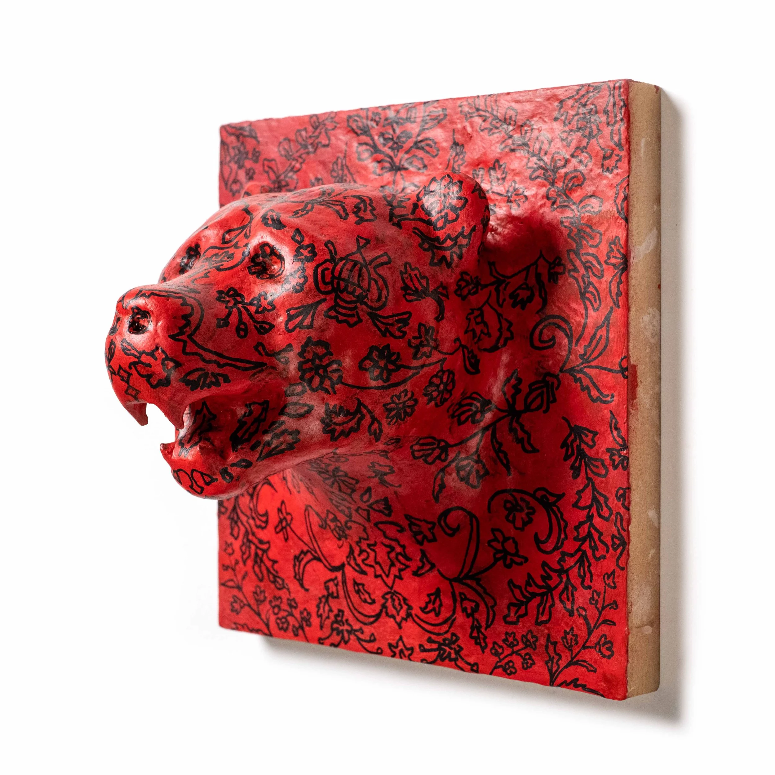  Little Red Bear, view 3  
20 x 20 x 15cm 
Jesmonite and acrylic on panel 
2023 (private collection)