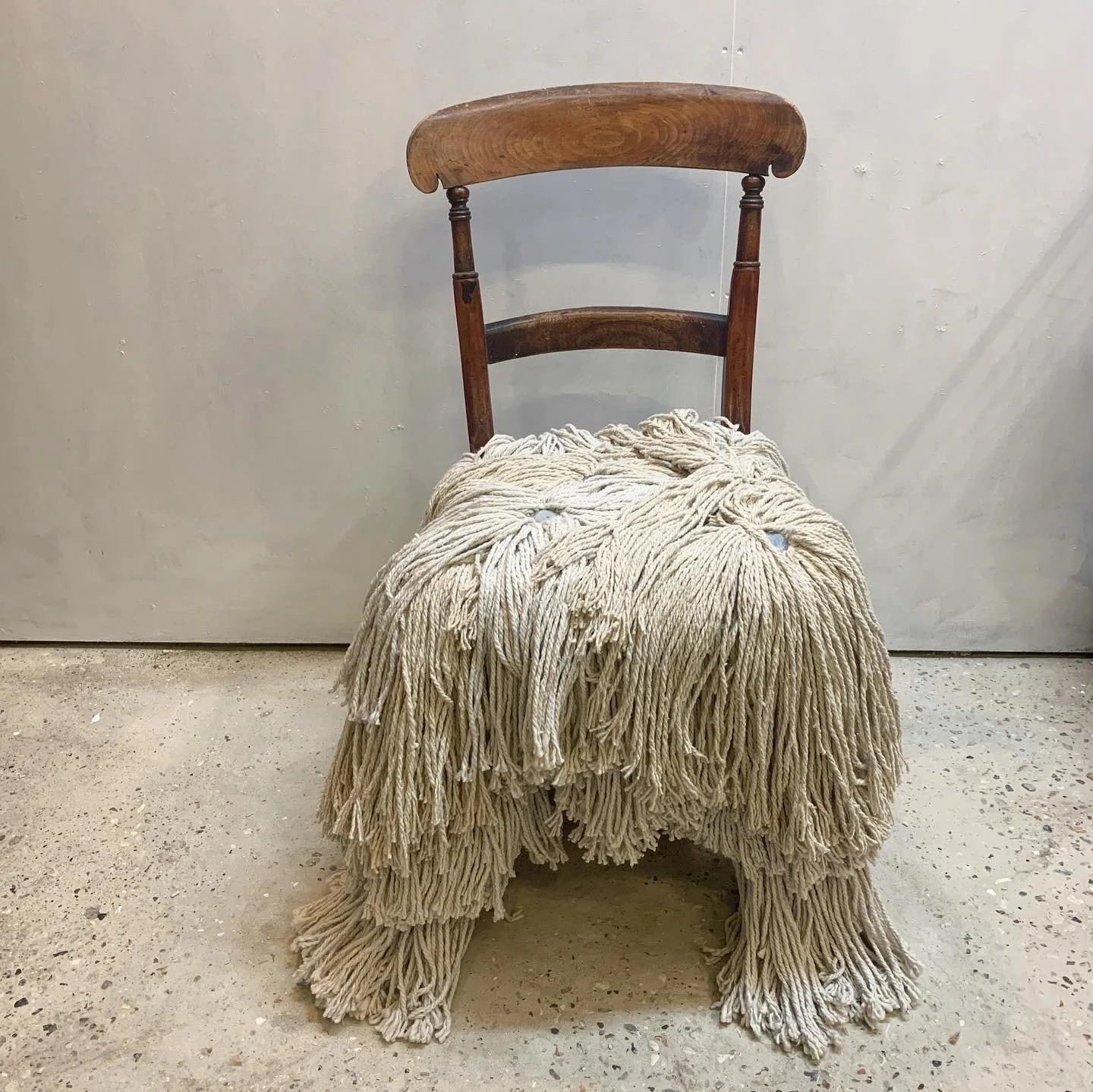  Hairy Chair, view 2  
85 x 42 x 50cm 
Found chair and mop heads 
2020