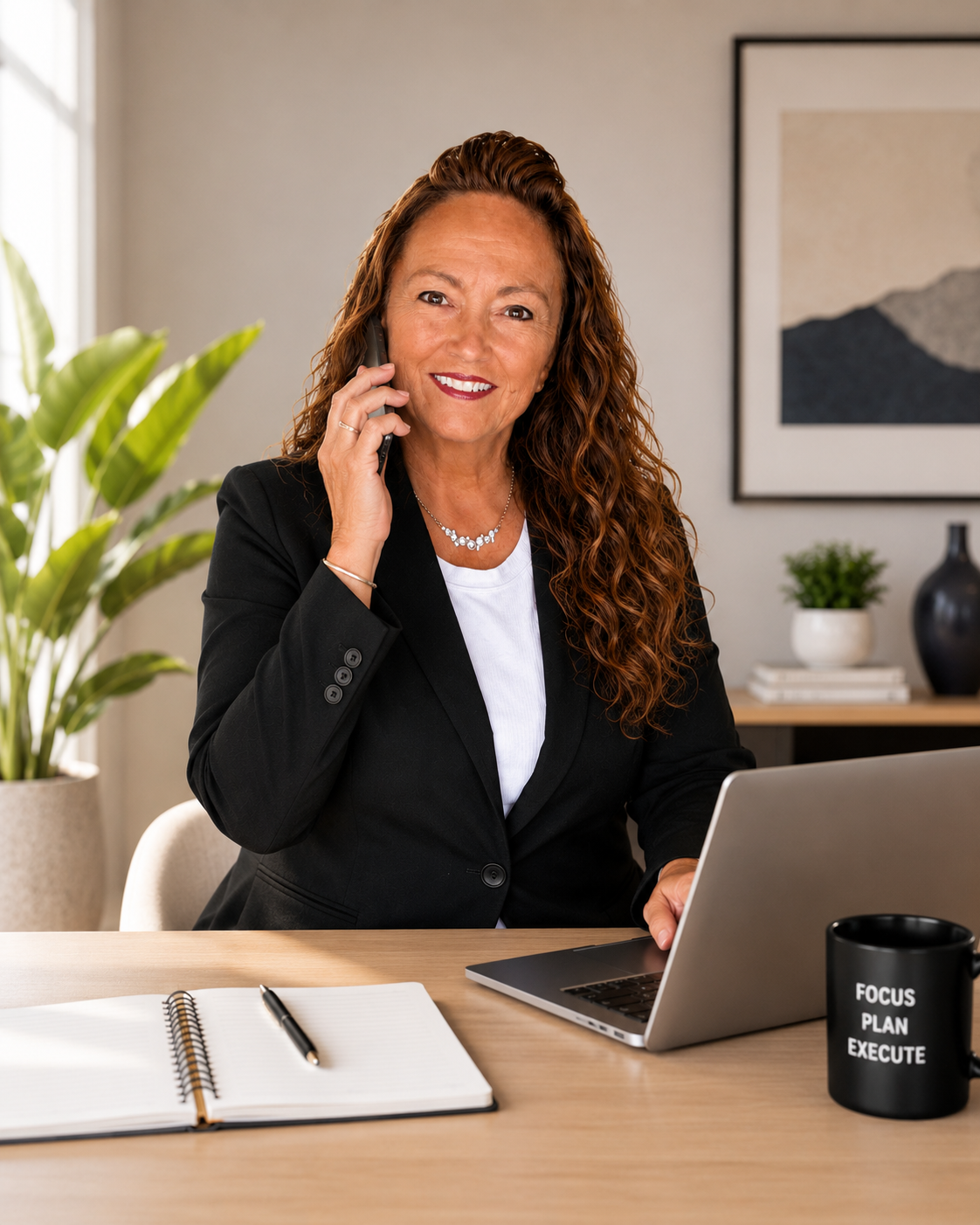 A woman with long curly hair, wearing a black blazer and white shirt, is sitting at a desk in a bright office, talking on the phone while looking at her laptop. On the desk are an open notebook with a pen, and a black mug with the words "FOCUS PLAN EXECUTE." In the background, there are plants and artwork on the wall.