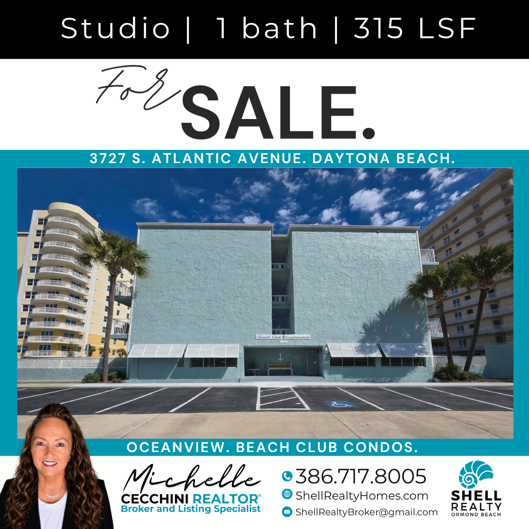 Real estate advertisement for a studio condo with one bathroom at 3727 S. Atlantic Avenue, Daytona Beach, featuring a photo of the OceaView Beach Club Condominiums building with parking lot and palm trees, and a photo of Michelle Cecchini, a real est