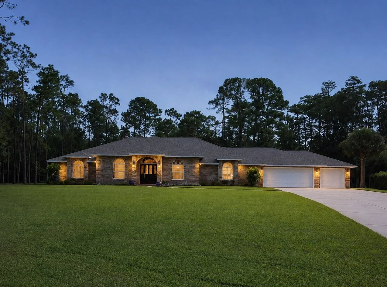A large brick house with a dark shingle roof and bright exterior lights, surrounded by a lush green lawn and tall trees at dusk.
