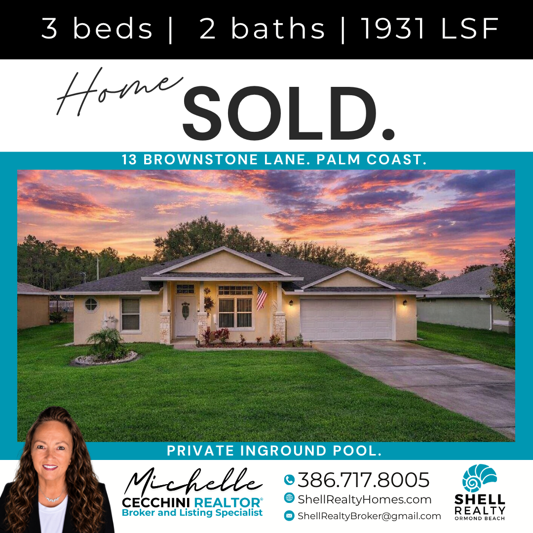 Real estate listing sign for a home in Palm Coast, Florida, indicating the property has sold. The sign shows a photo of the house with a sunset in the background, along with contact information and details about the property, such as 3 bedrooms and 2