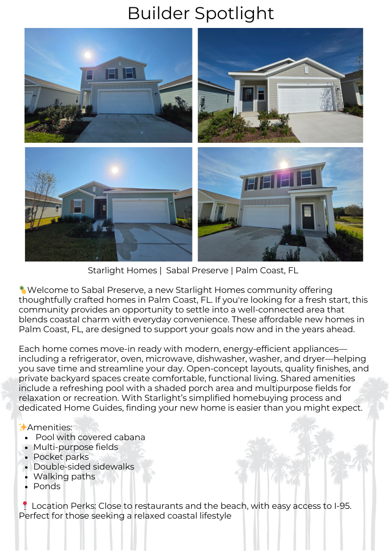 Four photos of new houses in a residential community, with text promoting Sabal Preserve, a Starlight Homes community in Palm Coast, FL.