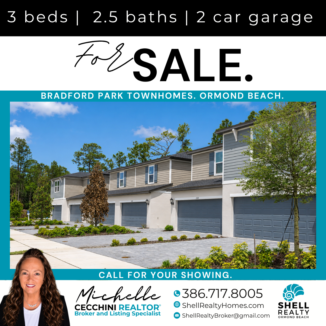 Real estate listing flyer for Bradford Park Townhomes in Ormond Beach, showing a row of townhouses with gray garages and a bright blue sky, featuring a picture of Michelle Cecchini, a broker and listing specialist, with her contact information.