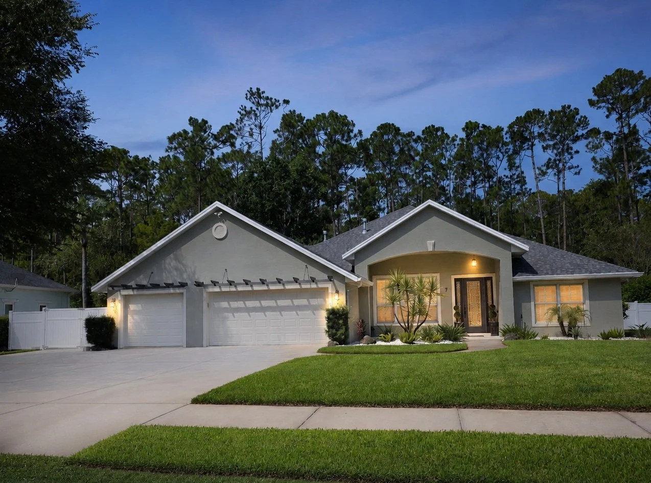 A modern suburban house at dusk with a well-manicured lawn, landscaped plants, and front porch lighting, surrounded by trees.