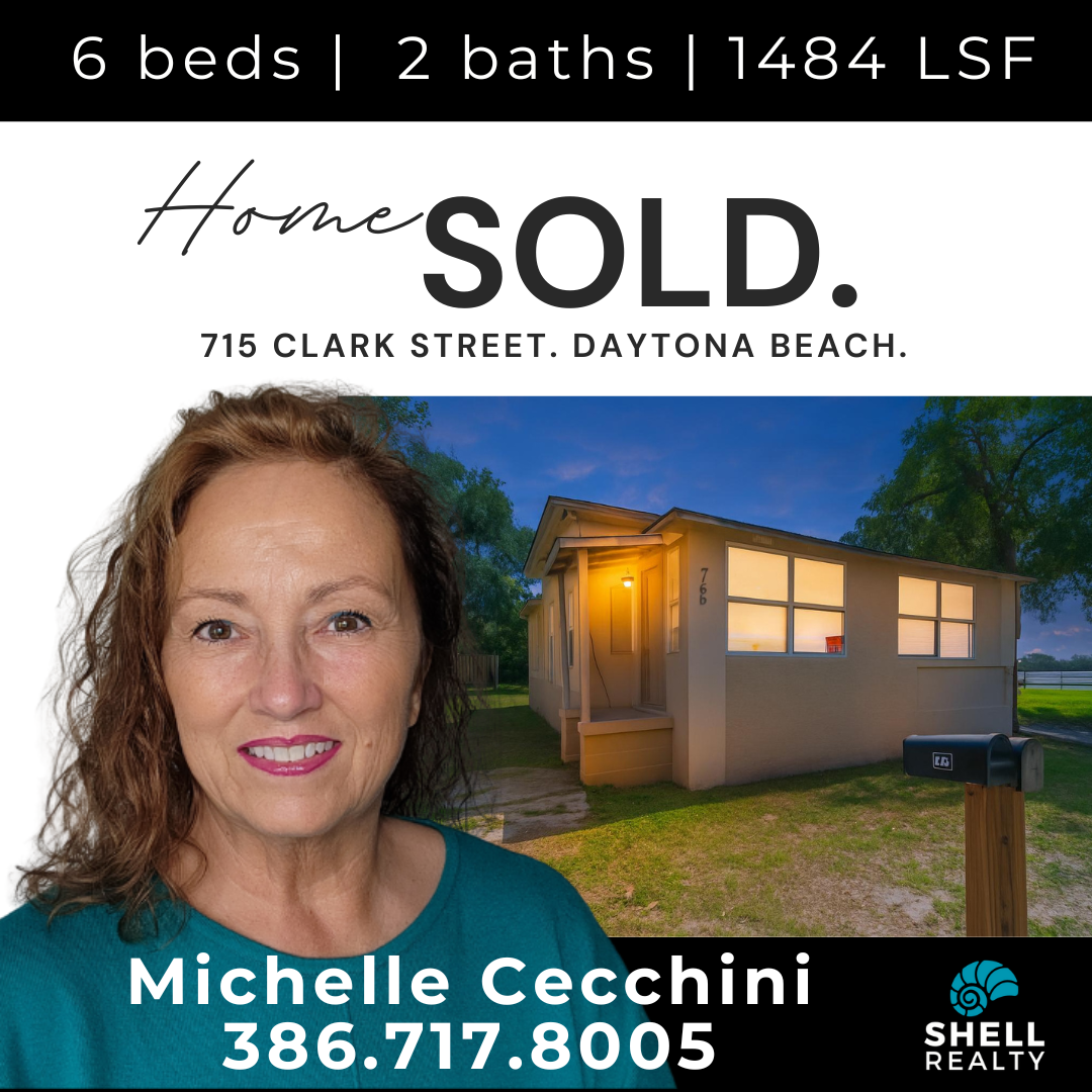 Real estate listing for a 6-bedroom, 2-bathhome located at 715 Clark Street, Daytona Beach, with an indication that the home has been sold. The image features a photo of the house at dusk, a woman identified as Michelle Cecchini with contact number 3