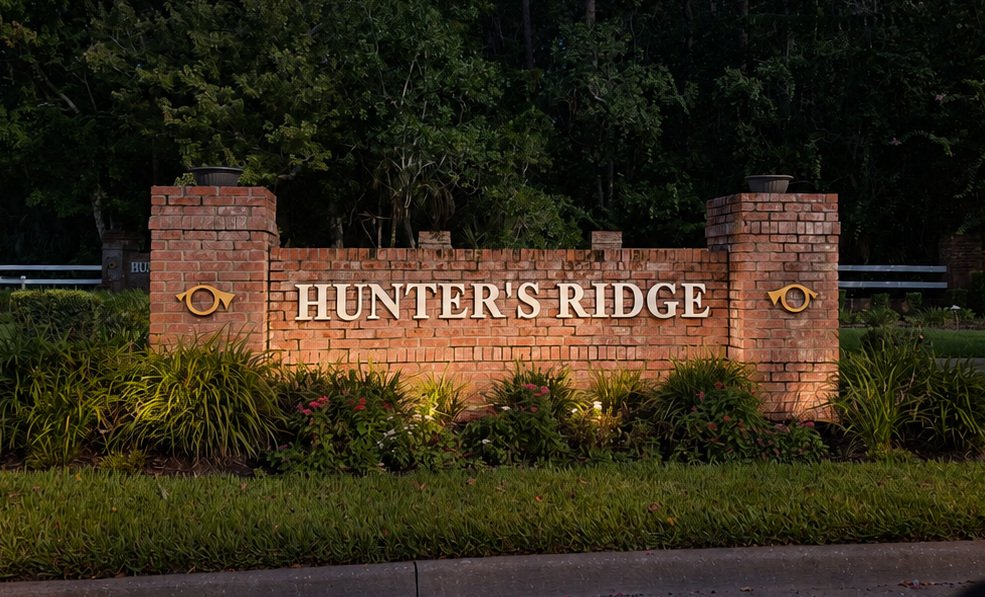 Brick sign with the text 'HUNTER'S RIDGE' illuminated at night, flanked by two ornamental eye symbols and surrounded by landscaped plants.