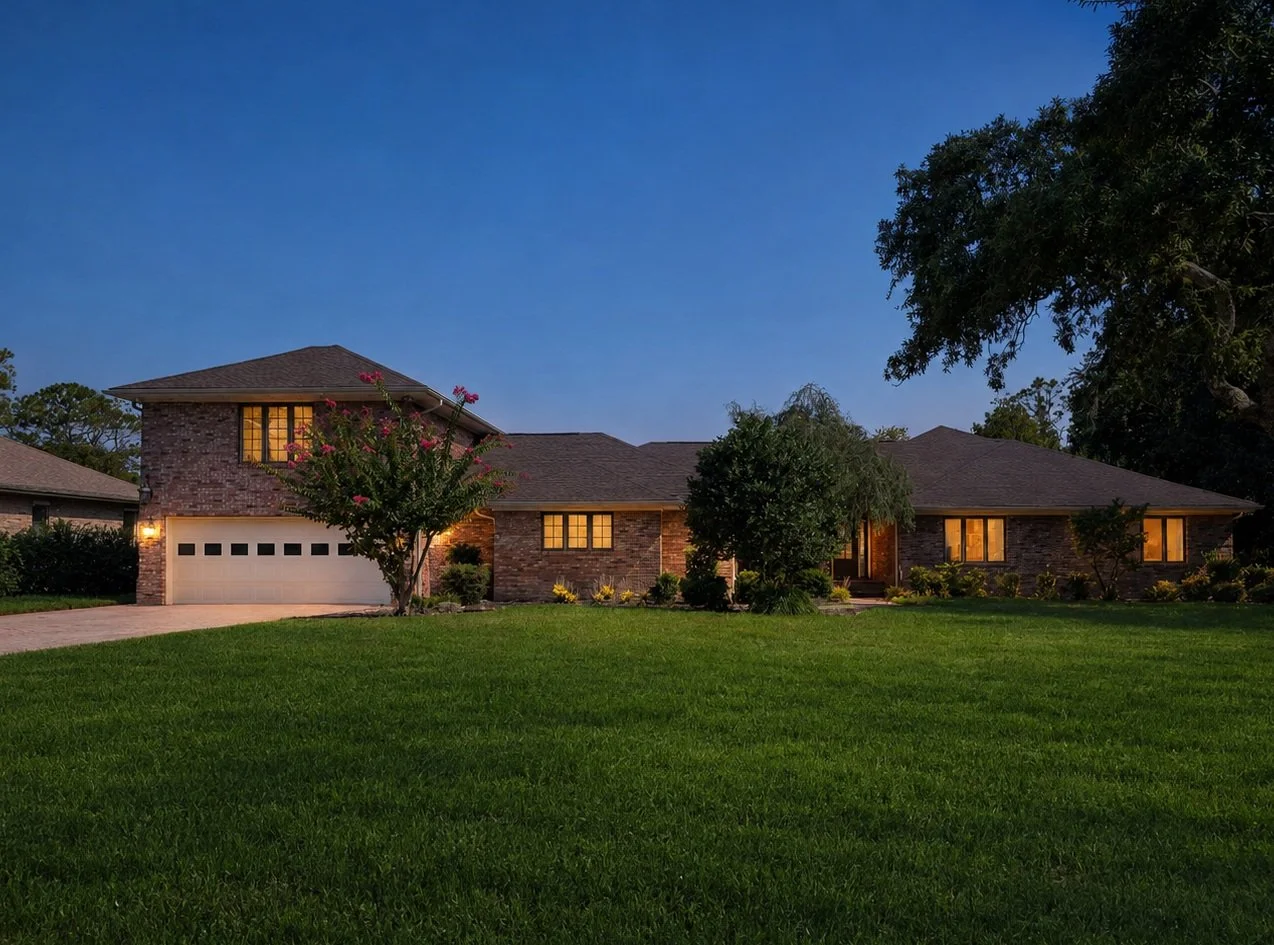 A large brick house with a well-maintained front lawn at dusk, featuring lit windows, trees, and a garage.