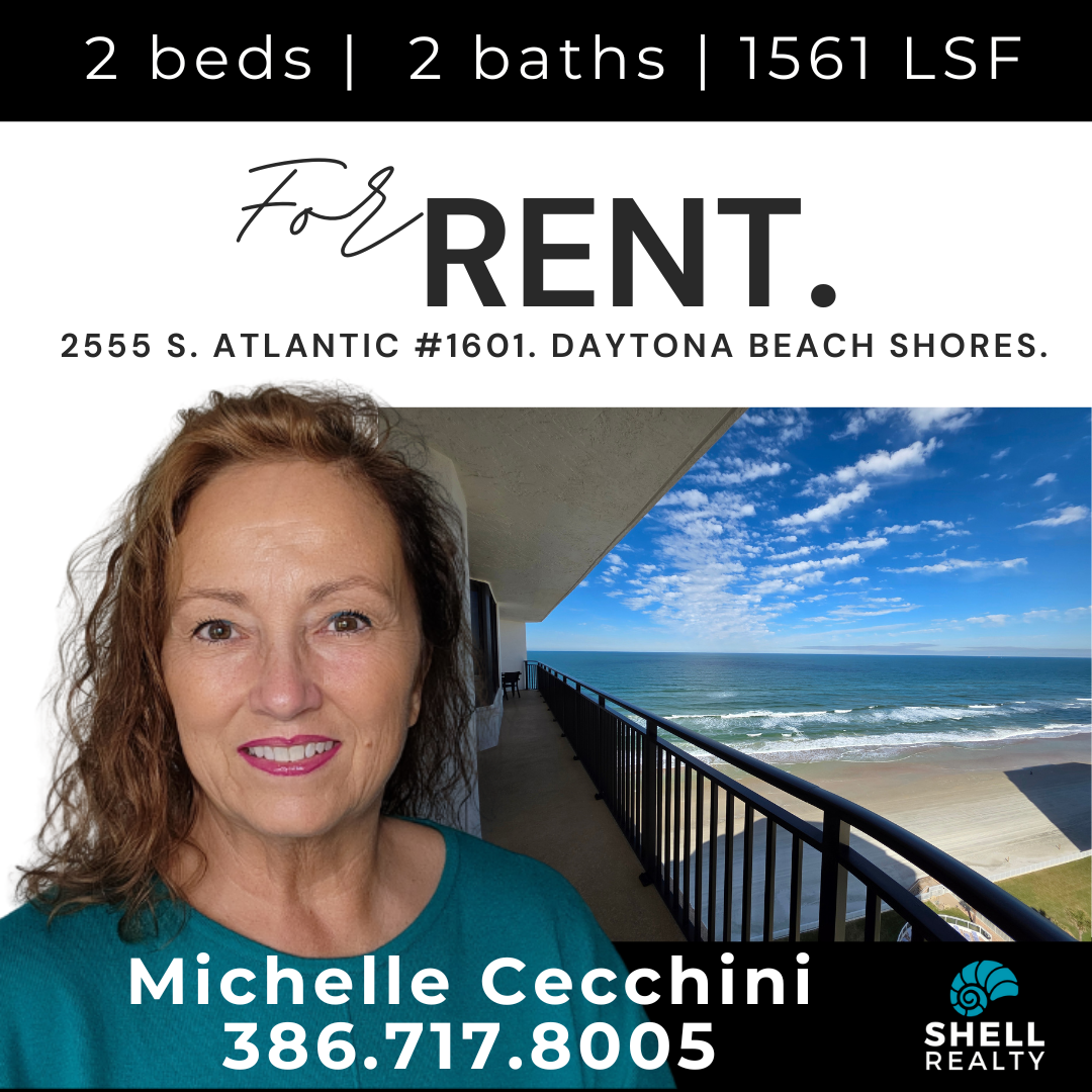 Real estate advertisement for a 2-bedroom, 2-bathroom condo with 1561 square feet in Daytona Beach Shores. The image features a woman with curly brown hair in front of a balcony overlooking the beach and ocean, with a partly cloudy sky.