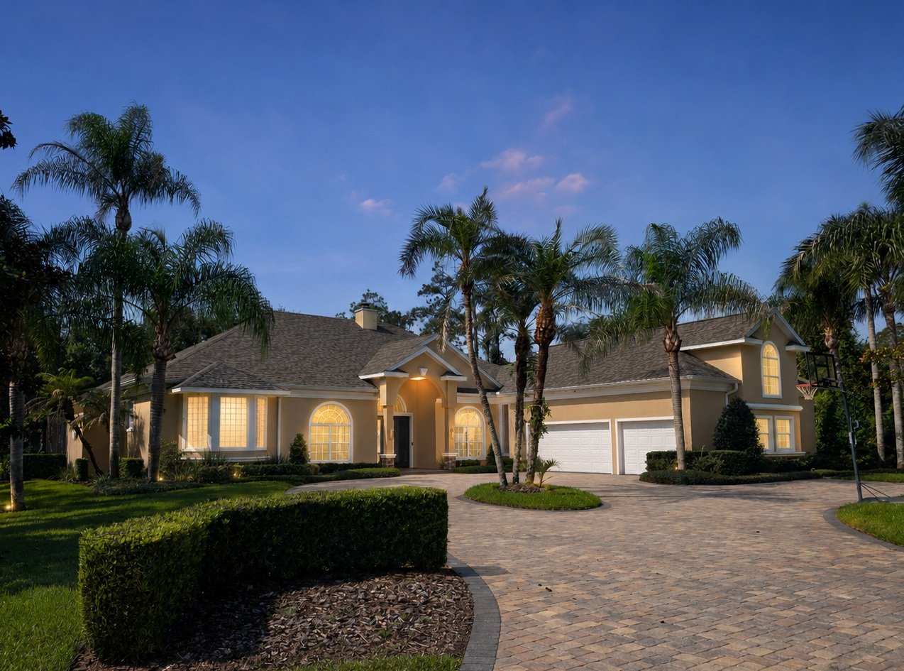 A large, well-lit house with multiple windows and a three-car garage, surrounded by palm trees and a paved driveway, under a clear evening sky.
