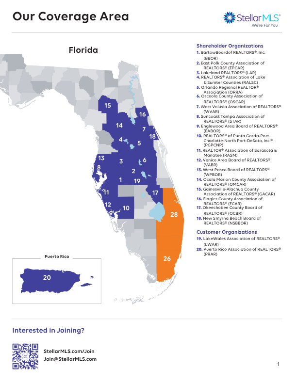 Map of Florida showing real estate coverage areas by various organizations, with Puerto Rico included. The counties are numbered and color-coded, with a list of organizations and their respective areas.