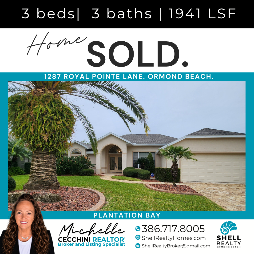 Real estate listing for a house with 3 bedrooms and 3 bathrooms, sold in 2021, located at 1287 Royal Pointe Lane, Ormond Beach, Plantation Bay. The house has a front yard with palm trees, a curved pathway, and a driveway. The listing features a photo
