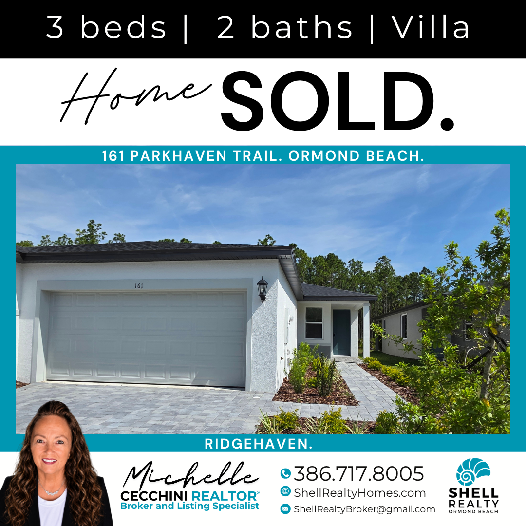 Real estate listing photo for a house with a white exterior, gray driveway, and landscaped front yard, indicating it has 3 bedrooms and 2 bathrooms, located at 161 Parkhaven Trail, Ormond Beach, marked as sold.