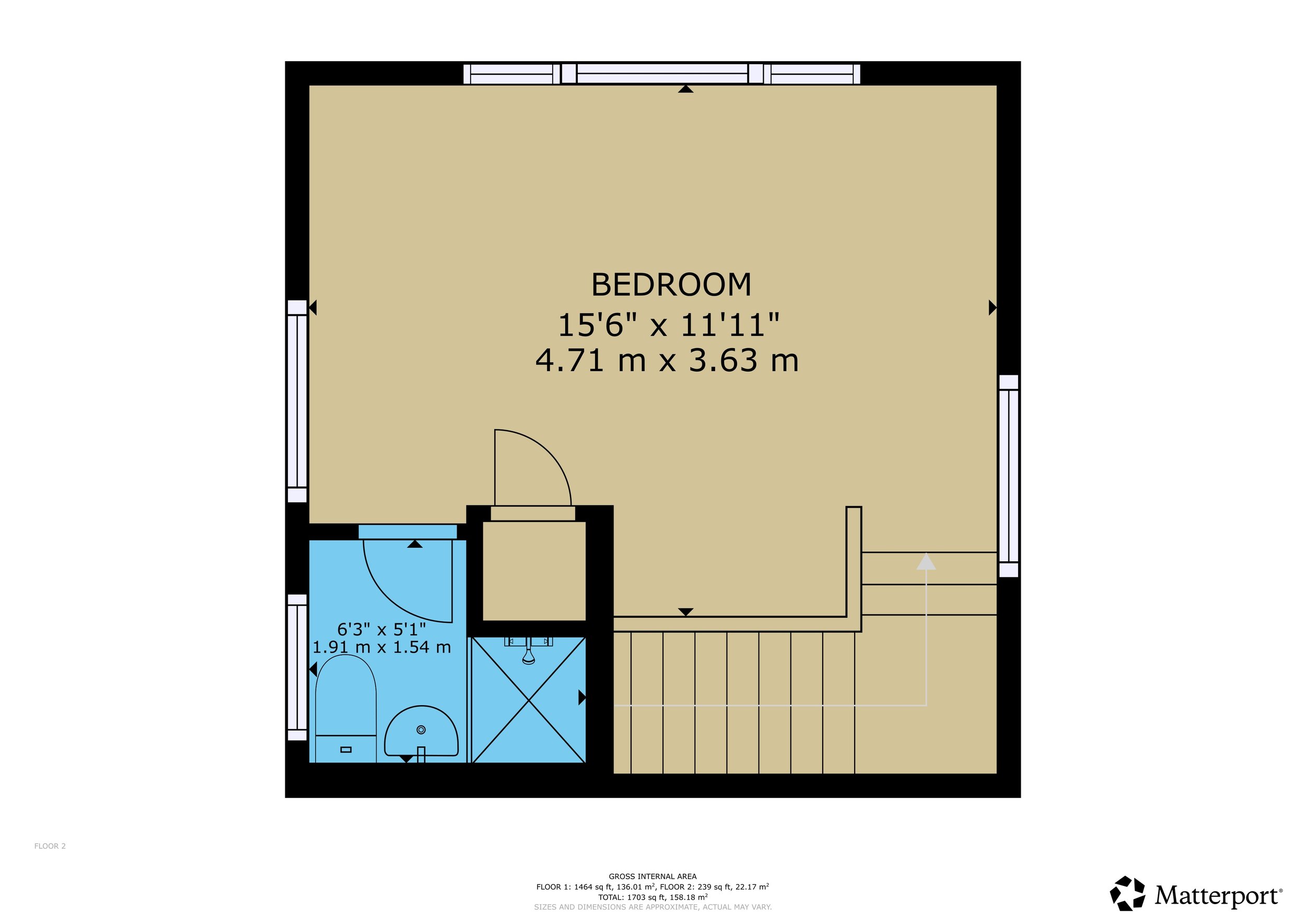 Floor plan of a residential building showing a bedroom, bathroom, and adjacent areas with dimensions.