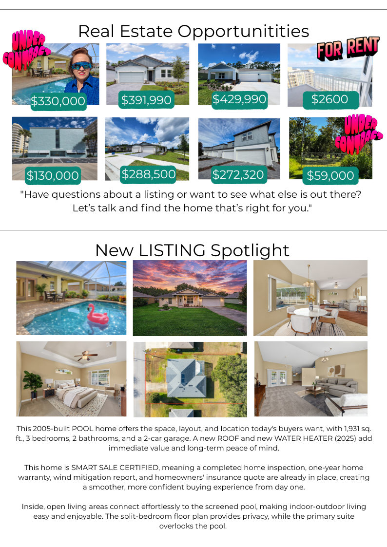A real estate flyer showcasing various homes for sale and rent, with prices, photos of different houses, and a section highlighting a new listing with interior and exterior images of a house.