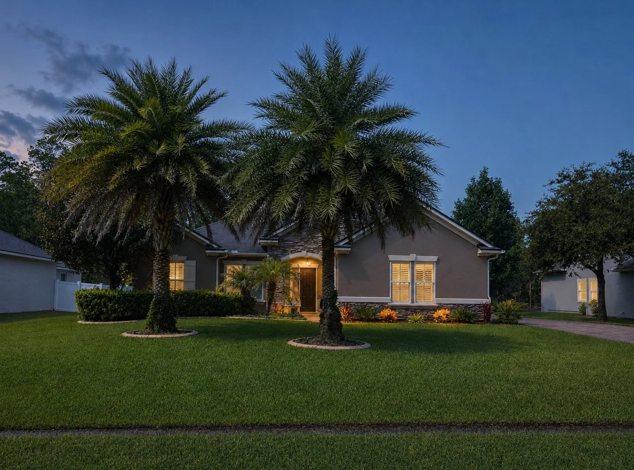 A house with a gray exterior, lit from inside, surrounded by palm trees and a well-maintained lawn at dusk.