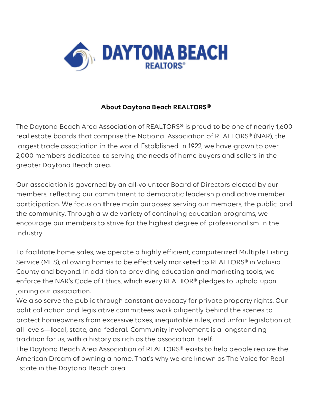 Text about Daytona Beach REALTORS® and their mission, history, and community involvement, with a Daytona Beach REALTORS® logo at the top.