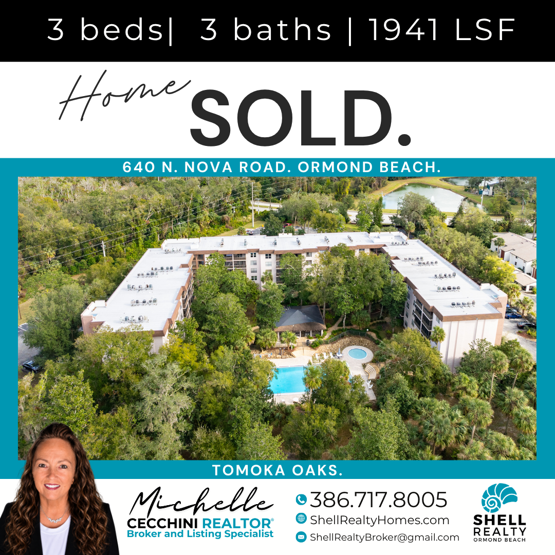 Real estate sign indicating a property with 3 bedrooms and 3 bathrooms, built in 1941, located at 640 N. Nova Road, Ormond Beach, Florida, with a photo of an apartment complex and contact information for Michelle Cecchini Realtor.